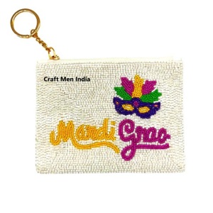 MARDI GRAS fait à la main Style Boho perlé porte-monnaie fermeture éclair options de conception personnalisée avec broderie perles de rocaille petite étoile motif - Product Image 2