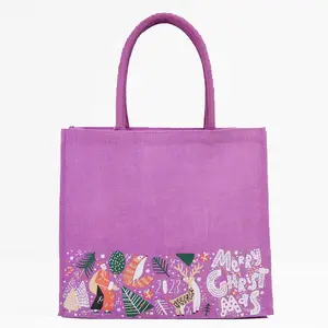 Jute kleine Griff Lunch Bag Einkaufstasche Flaschen tasche mit violetter Farbe mit gepolstertem Griff und Weihnachts motiven made in India