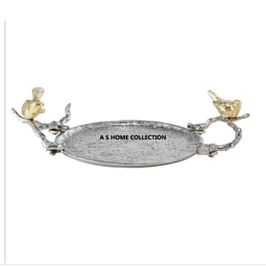 Plateau en métal intérieur en acier inoxydable couleur émail Branches à feuilles dorées Design Poignées latérales Plateau de forme rectangulaire - Product Image 5