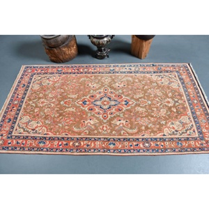 Alfombra turca Vintage clásica marrón Beige 3,3X6,5 pies diseño de retazos hecho a mano Material de lana látex forma Rectangular para cabecera - Product Image 3