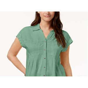 Style & Co Top Casual da Donna con Maniche Plissettate e Risvolto, Verde in Popeline e Chiffon, Vestibilità Coreana Ampia Taglia XL per Primavera/Estate - Product Image 2