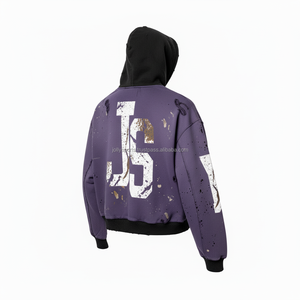 Premium 360 GSM cotton fleece <b>zipper</b> hoodie distressed wash purple black tone <b>heavy</b> <b>duty</b> print custom logo Basics <b>Zipper</b> Hoodie - Product Image 4