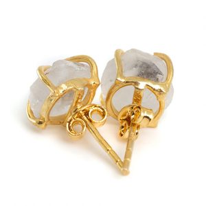 8-10mm Raw Herkimer Diamond Quartz Gold Plated Prong Set <b>Stud</b> <b>Earrings</b> Handmade Birthstone Dainty Minimalist Jewelry for Women - Product Image 3