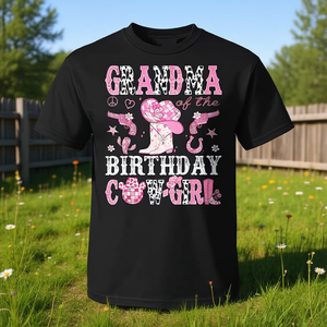T-shirt rose Western « Grandma Of The Birthday Cow Girl » pour femme adulte, col rond, manches courtes, impression sérigraphique - Product Image 3