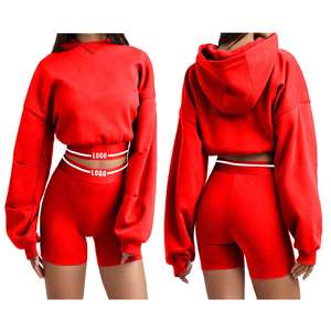 Promotion <b>Top</b> Selling Best Price Women Winter <b>Crop</b> <b>Top</b> Hoodie Short Set Lightweight Customized Front Logo 100% Cotton Fleece - Product Image 5