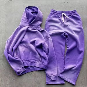 2025 Custom Men's Streetwear Tracksuit Set 2PCS Cotton <b>Flare</b> <b>Sweatpants</b> Hoodie Acid Wash Solid Winter Suitable Sweat Suits - Product Image 1