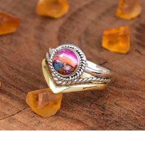 แหวนมงกุฎสีฟ้าครามดอกรักเร่สีชมพู925เงินแท้เชฟรอนสองสีเครื่องประดับวัตถุประสงค์ Boho สำหรับผู้หญิง - Product Image 3