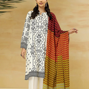 Women Cotton <b>Silk</b> Long <b>Kurta</b> Shalwar Kameez Suit Printed Bottom Quick Dry Lightweight Dupatta for Casual Comfortable Daily - Product Image 5