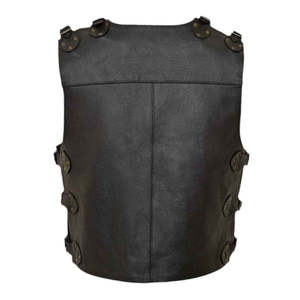 Gilet en cuir véritable pour homme, col en V, style motard, avec poches et boucles en laiton, vêtement d'extérieur pour l'automne - Product Image 2