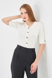 Cárdigan Elegante de Manga Corta para Mujer, Cómodo, Transpirable, de Punto Acanalado, Corte Ajustado, con Botones, Top de Punto para Verano, Estilo Moderno para Damas - Product Image 3