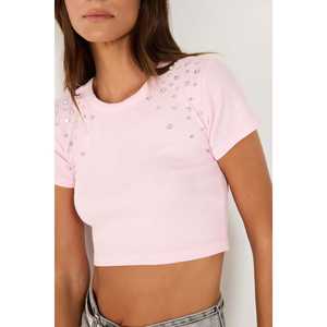 Top Corto Informal para Mujer con Logotipo Bordado, Detalle de Piedras, Tela Satén, Talla XL, Alta Calidad, Tinte Liso, Temporada de Otoño - Product Image 3