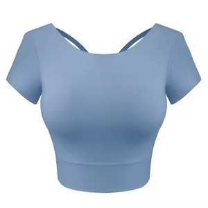 Vente chaude femmes à manches courtes hauts courts respirant Sexy Yoga Fitness course débardeurs Spandex/Nylon séchage rapide - Product Image 3