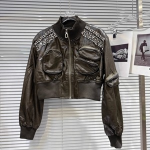 Steampunk Rock Rivet femmes en cuir véritable mince court Streetwear gothique Bomber veste coton imperméable coupe-vent Locomotive - Product Image 6