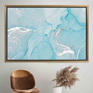 Printed Canvas Art: Blue Alcohol Ink Silver Marble Decor,GOLD <b>FRAMED</b> CANVAS - Product Image 1