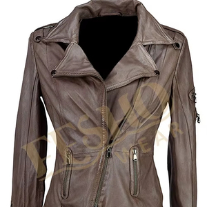 Élégant Dames Taupe Nappa Cuir Racer Veste Fermeture Asymétrique Survêtement Doux En Cuir De Mouton Matelassé Respirant Fini - Product Image 1