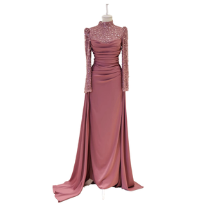 Robe de soirée de luxe de haute qualité avec strass, taille naturelle, manches longues, couleur unie, scintillante, longueur au sol, col haut - Product Image 2