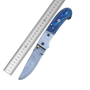 Couteau de chasse pliant Bowie en acier inoxydable forgé à la main, manche en résine bleue, étui en cuir, bord dentelé OEM, utilitaire EDC - Product Image 6
