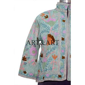 Manteau bomber en coton pour femme, style nouveau, court, matelassé, tricoté, floral, fait main, broderie Suzani - Product Image 2