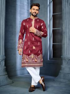 Elegante Daaman Concept Kurta para hombre con bordado de varios hilos con patrón de ciervo, Ropa Étnica perfecta para fiesta de Festival - Product Image 5