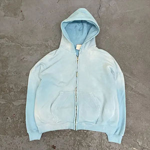 Sweat à capuche Streetwear personnalisé pour hommes sans ficelle polaire vierge Boxy Zip Vintage Double lavage à l'acide soleil fané couche de détresse pour l'hiver - Product Image 3