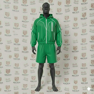 Ensemble de survêtement court deux pièces décontracté pour homme, style streetwear hiver, en tissu épais uni, avec veste coupe-vent à capuche zippée et short - Product Image 1