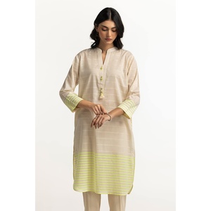 Women's Beige Dyed Jacquard Florescent Mandarin Collar Shirt - Product Image 5