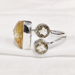 Joyería de piedra en bruto, anillo para mujer, piedra preciosa de citrino en bruto Natural, piedra natal de noviembre, joyería de piedra Triple, anillo de Plata de Ley 925 - Product Image 2