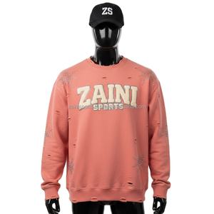 Sweat-shirt pour homme en tissu polaire, couleur pêche, style délavé, design avec strass, broderie de logo personnalisé, sweat-shirts basiques - Product Image 1