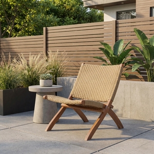 Chaise de jardin pliante en teck naturel avec assise en toile tressée, chaise longue pour terrasse, aménagement de terrasse, design décoratif pur et artistique - Product Image 3
