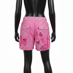 Shorts coupe-vent pour femmes en nylon premium rose, style cargo avec poches, logo personnalisé en strass thermocollés. - Product Image 6
