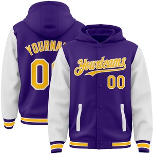 Direct Industry Wholesale Casual Winter Custom Purple <b>Gold</b>-White Bomber Full-Snap Varsity Letterman Two Tone Hoodie Jacket - Product Image 1