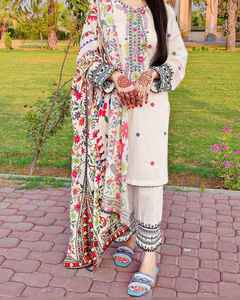 Nuevo diseñador listo para usar ropa de fiesta muselina hilo de algodón y Zari bordado trabajo Top y pantalón con impresión digital Dupatta - Product Image 3