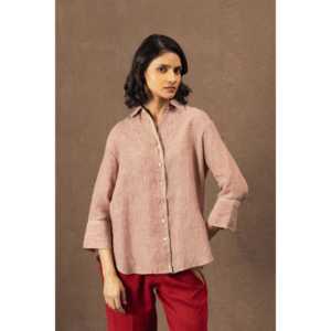 Camisa DVE AHRA Tejida a Mano 100% Lino en Rayas Carmesí, Estilo Simple con Decoración de Botones - Product Image 5