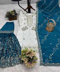 Fantaisie Chinon broderie séquence travail haut Sharara Dupatta prix le plus bas vêtements de fête en gros vêtement ethnique vêtements pakistanais - Product Image 1