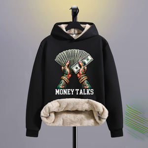 Otoño nuevo suéter de lana de cordero de invierno con estampado de dinero suéter suelto con capucha chaqueta superior suministro ODM diseño de bolsillo de tela de punto - Product Image 1