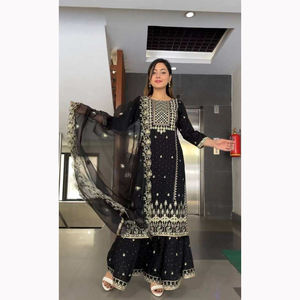 Trois pièces Salwar Kameez robe lourde broderie travail style indien pakistanais en coton de soie pour la fête pour des occasions spéciales - Product Image 4