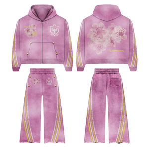 Streetwear hommes femmes détresse broderie lettres fermeture éclair épais et chaud lavage à l'acide 100% coton grande taille ensembles de survêtement - Product Image 2