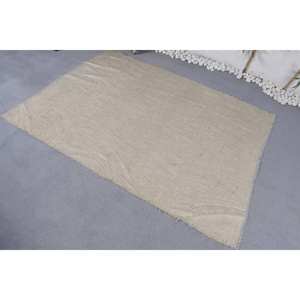 Alfombra turca Vintage moderna de 4,4X5,7 pies, diseño clásico de retazos Beige, lana hecha a mano, piel de conejo sintética, látex, pasillo rectangular - Product Image 2