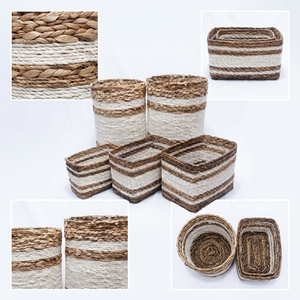 Natural Banana Bark Recycled <b>Plastic</b> <b>Basket</b> Set White Stripe Cylinder Rectangular Pot Bin Planter Pure Art Setup Room Decor Art - Product Image 2