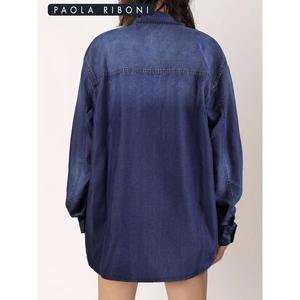 Paola Riboni Women Denim Jacket Oversized <b>Long</b> Sleeve Button Down Casual Streetwear <b>Coat</b> Outerwear Light Wash Loose Fit - Product Image 5