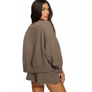 Surdimensionné Coton Jogger Femmes Short Set Vêtements Ras Du Cou Sweat Femmes Joggers Pantalon Deux Pièces Drop Shoulder Set - Product Image 6