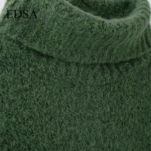 Suéter de Punto Verde Sólido Informal para Mujer, Cuello Alto, Mangas Largas, Ribete Acanalado, para Otoño e Invierno - Product Image 3
