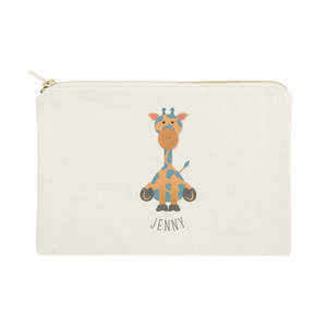 Personalized Name Giraffe Cotton Canvas Cosmetic Pouch Eco-Friendly Large Capacity Zipper Closure <b>Makeup</b> <b>Storage</b> Cartoon Pattern - Product Image 1