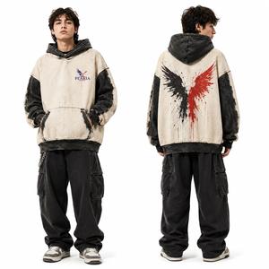Sudadera con Capucha Extra Grande para Hombre, de Algodón Grueso, con Estampado en Aerosol, Bolsillo, Diseño de Alas Rojas, para Otoño - Product Image 1