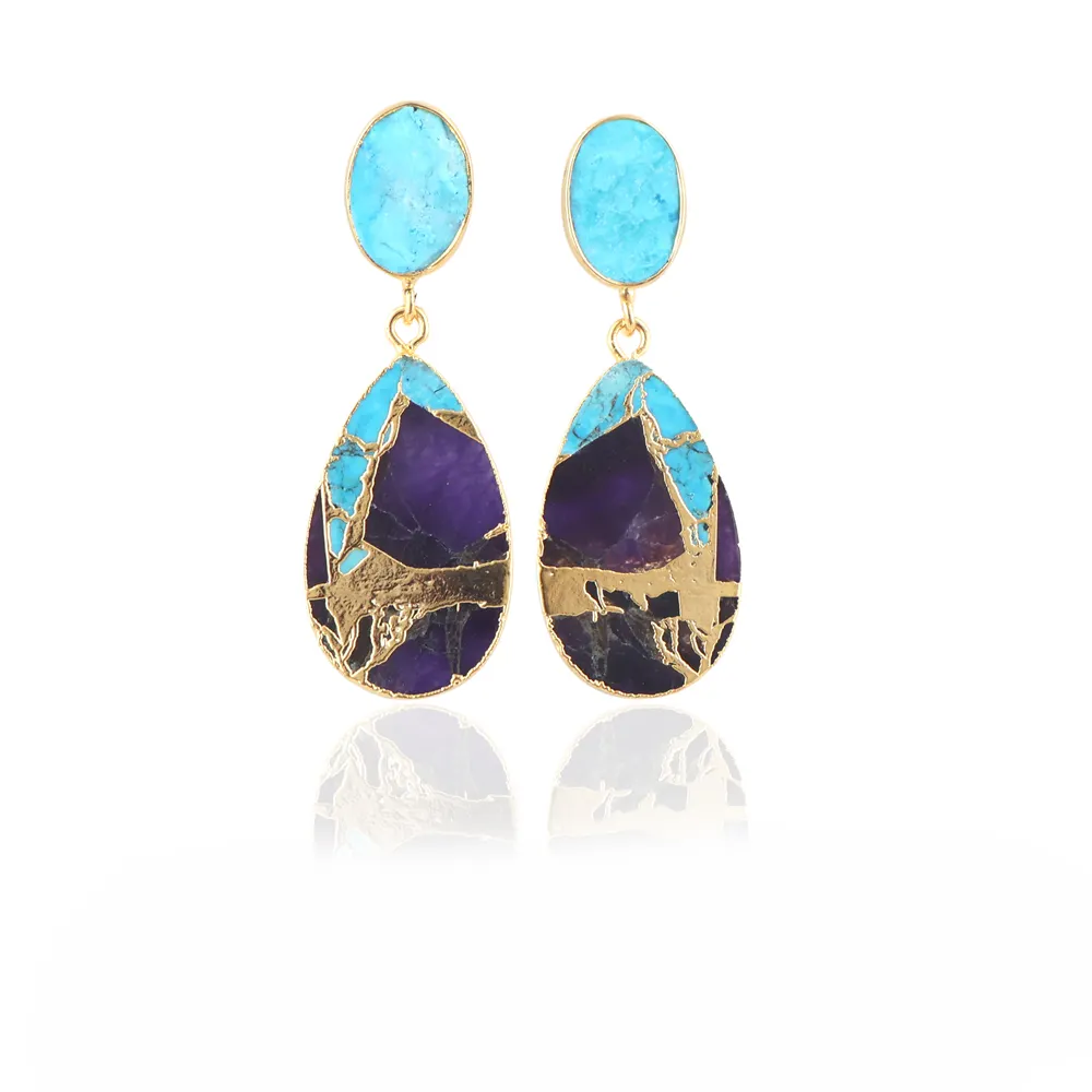 Mode accessoires Howlite Türkis mit Mohave lila & blau Kupfer Türkis vergoldet Doppels tein Ohr stecker baumeln Ohrringe