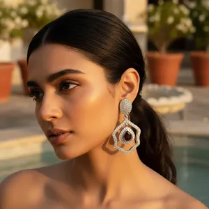 Boucles d'oreilles pendantes en argent 925 avec perle d'eau douce, grenat, émeraude, diamant, plaquées or, pour femmes, pour les mariages - Product Image 2