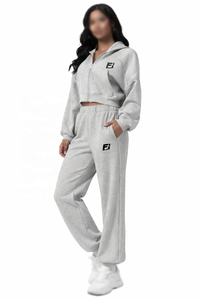 Conjunto de Sudadera con Capucha Corta para Mujer, Color Gris Sólido, Manga Larga, Cierre Frontal con Cremallera, Logotipo, Ropa Casual de Otoño, Sudaderas de Felpa - Product Image 3