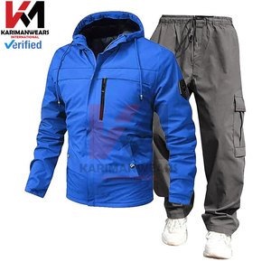 Survêtement pour hommes 2 pièces coupe-vent veste de pluie imperméable à capuche pantalon de travail de randonnée tenue coupe-vent combinaison de course en plein air - Product Image 2
