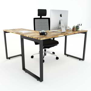 L-Shaped 140x140cm Acacia Wood <b>Desk</b> with Assembled Iron Legs Industrial Style <b>Foldable</b> for <b>Office</b> Hospital or Home-HBWD014 - Product Image 2