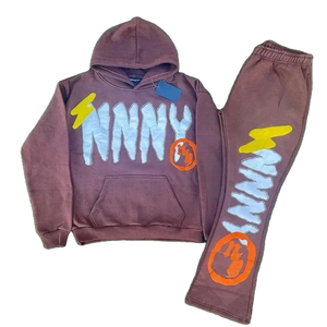 Venta al por mayor de ropa de invierno personalizable sólido ácido lavado pulóver con capucha acampanados pantalones de chándal Puff estampado algodón polar chándales - Product Image 5